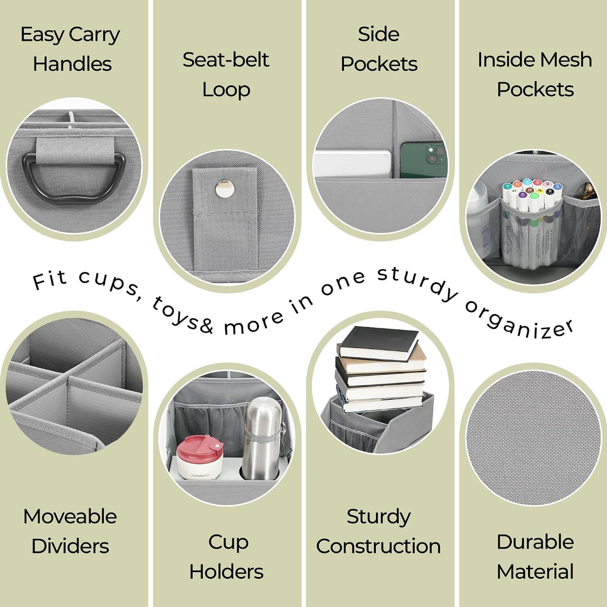 Easi Foldable Car Seat Organizer With 12 Storage Compartments 2 Metal Cup Holders, 2 Pack Back Seat Car Organizer For Car Accessories, Front Seat organizer For SUV Truck Van Sedans, Gry