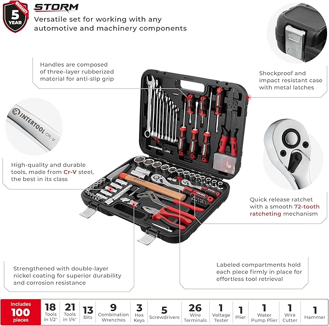 INTERTOOL Metric Tool Set, 100-Piece, 1/4” & 1/2” Drive Sockets, Wrenches, Electrical Tools, Screwdrivers, Bits, Pliers, Hammer, Car, Home, Repair, Mechanic Kit, DIY, Gift ET08-8100