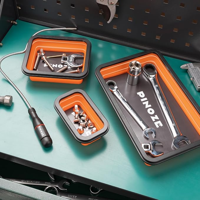 Collapsible Magnetic Parts Organizer Trays & 12" Flexible Magnetic Pickup Tool, 3 Different Size Magnet Tool Trays & Pick-Up Sweeper for Screw, Bolts, Nuts, Washers, Pins and Other Metal Parts