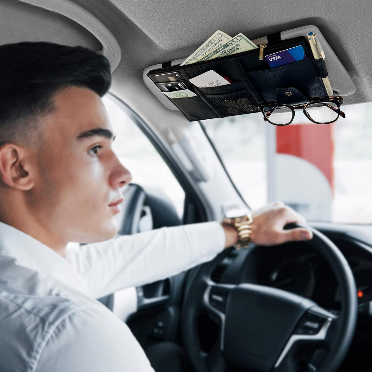 EcoNour Car Sun Visor Organizer (Black) | Multi-Pocket Net Zipper Case
