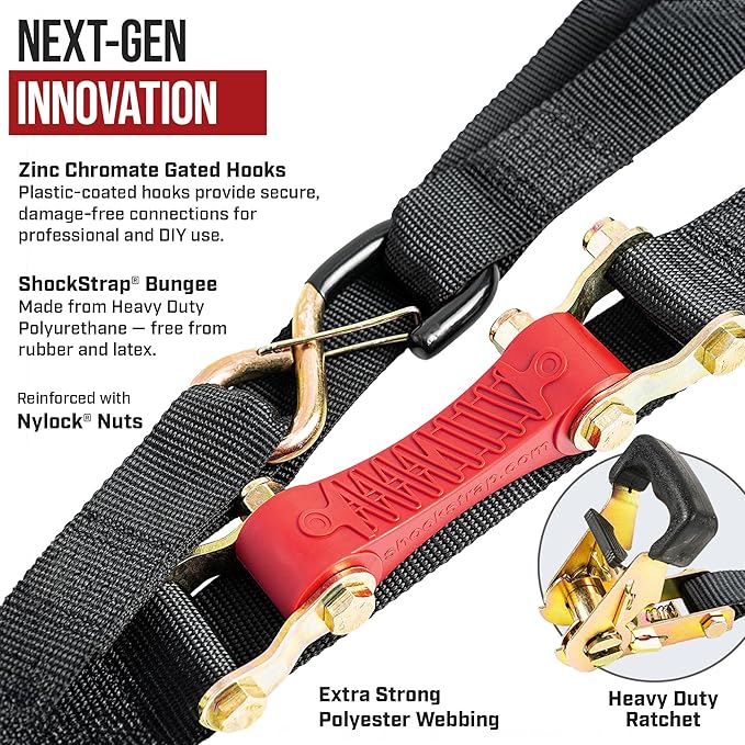 SHOCKSTRAP Ratchet Strap, 7’ x 1.5" Shock Absorbing Heavy Duty Tie Downs for Cargo, 1,000 LB WLL / 3,000 LB Break Strength, 2-Pack