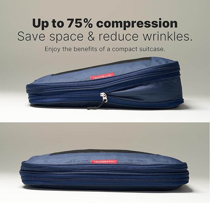 LeanTravel Premium Compression Packing Cubes for Travel - Luggage Organizers with Double Zipper - Sturdy Bags for Suitcase (4-Pack, Navy Blue)