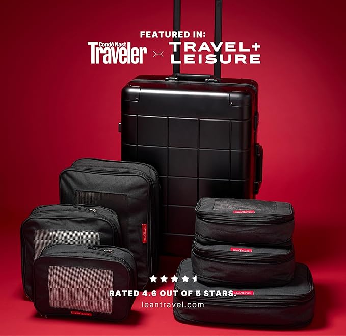 LeanTravel Compression Packing Cubes for Travel Organizers with Double Zipper (6-Pack (2L+2M+2S), Black)