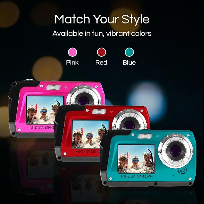 Minolta MN40WP 48MP Waterproof Digital Camera – Dual LCD Screens, 2.7K QHD Video