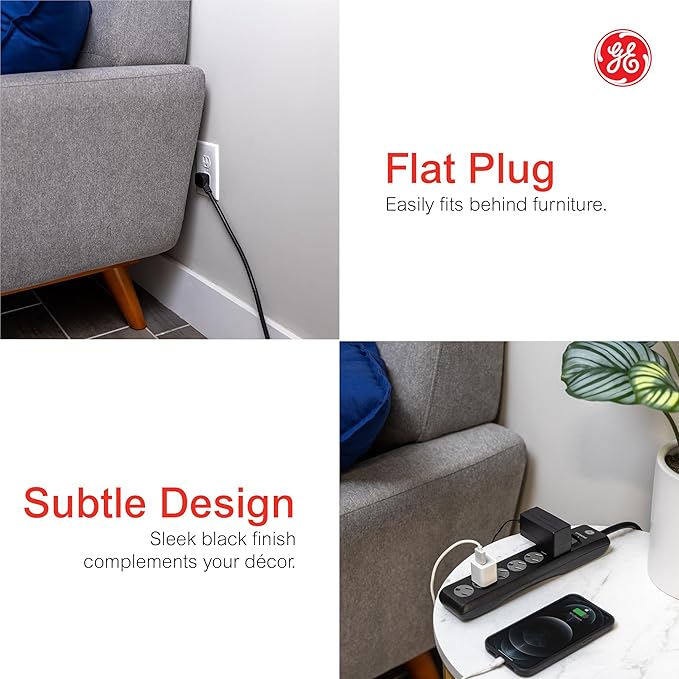 GE 6-Outlet Surge Protector,10 Ft Extension Cord,Power Strip,600 Joules,Twist-to-Close Safety Covers,Protected Indicator Light,ETL Listed,Black,37442,(Pack of 12)