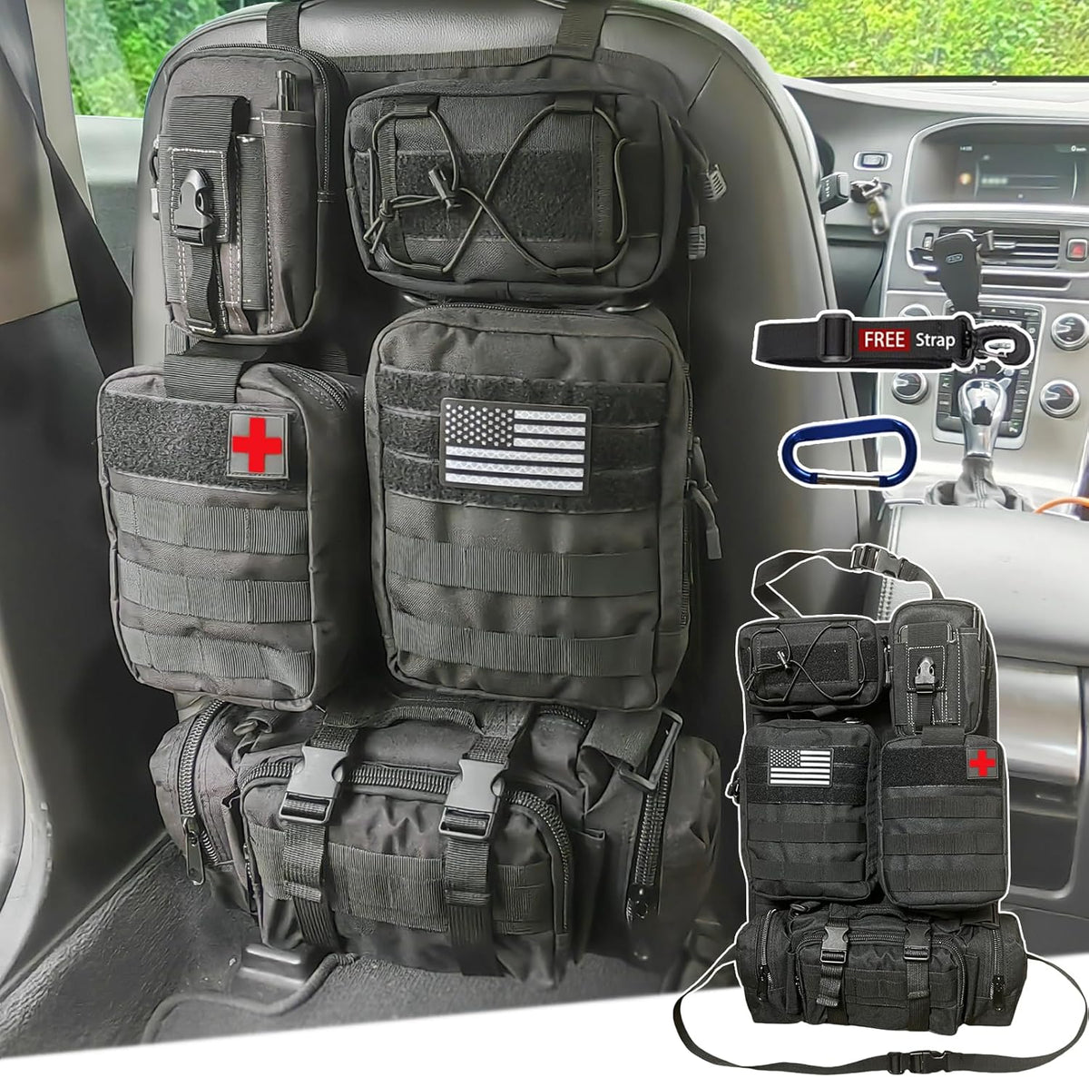 6 Pack Tactical Molle Car Seat Back Organizer Tactical Vehicle Panel with 5 Detachable Molle Pouch for Car Truck Ford Jeep Vehicle,US Patch Automotive Organizer For Man (5 Pouches)