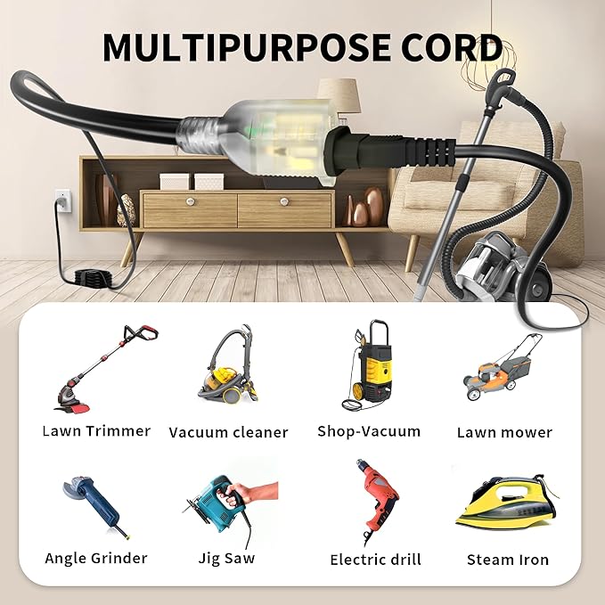 POWGRN 6 Ft 10AWG Black Outdoor Extension Cord Waterproof Heavy Duty 10 Gauge 3 Prong, Flexible Cold-Resistant Power Cord Indoor & Outside with Lighted Indicator End, 15Amp 1875W SJTW ETL Listed