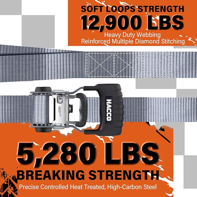 HACCOPLANET Ratchet Straps, 5280lb Break Strengeth, 16FT x 1.6" Heavy Duty Ratchet Tie Down Strap Set w/Padded Handle, S Hook, Soft Loop for UTV Motorcycle Truck Cargo Straps (Grey, 16FT)