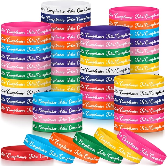 100 Pcs Spanish Happy Birthday Rubber Bracelets Bulk 10 Assorted Color Feliz