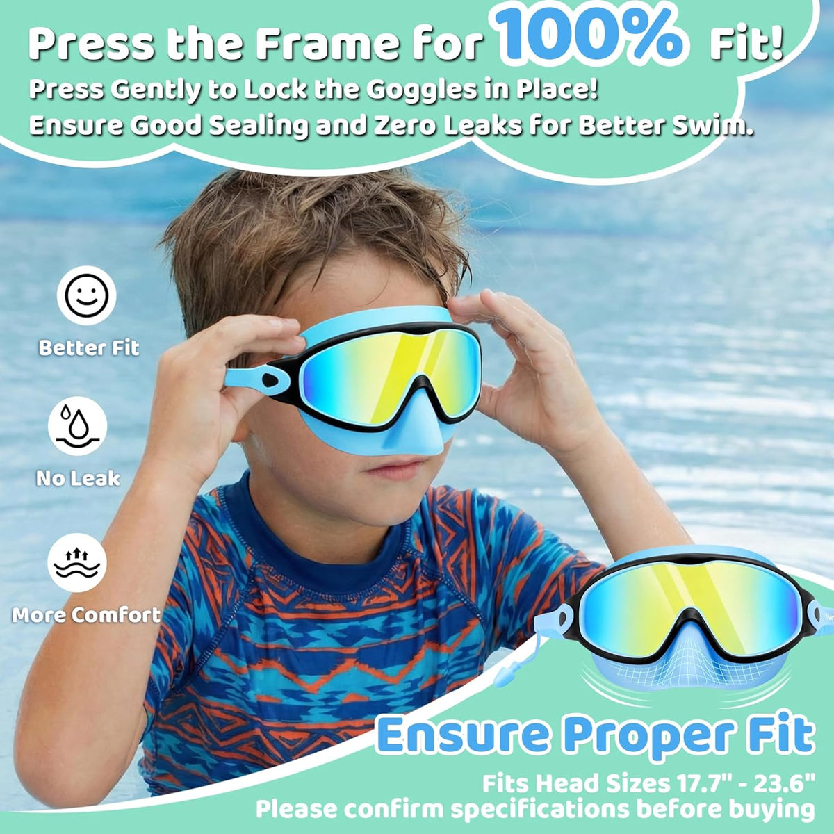 Vvinca Kids Swim Goggles - Anti-Fog Wide View with Nose Cover & Earplugs | For Ages 3-12