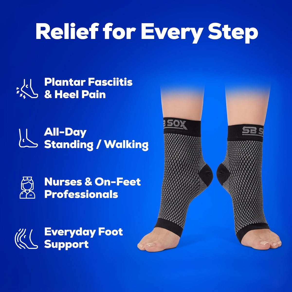 SB SOX Compression Socks for Plantar Fasciitis - Arch Support & Heel Pain Relief | Toeless Design, Small, Black