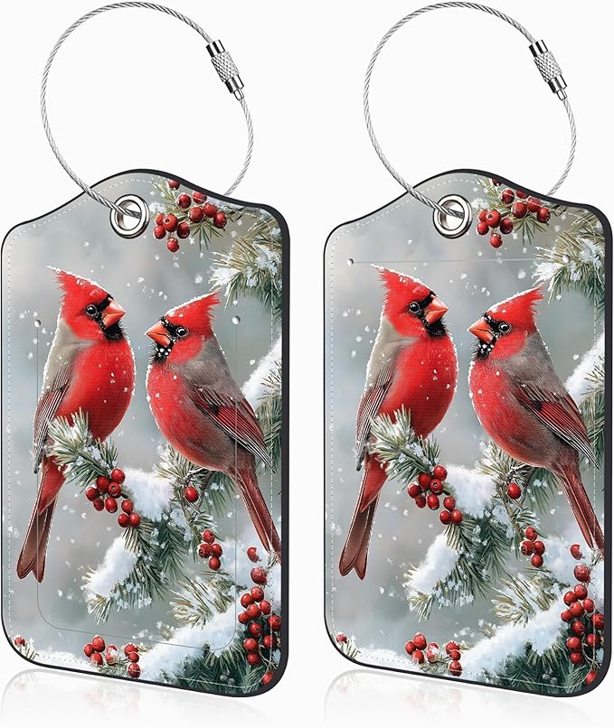 Red Cardinals on Snowy Branches Set of 2 Luggage Tags for Suitcases Leather Suitcase Tags Identifiers with Privacy Name Address Label and Stainless Steel Loop for Women Men Travel Luggage Accessories