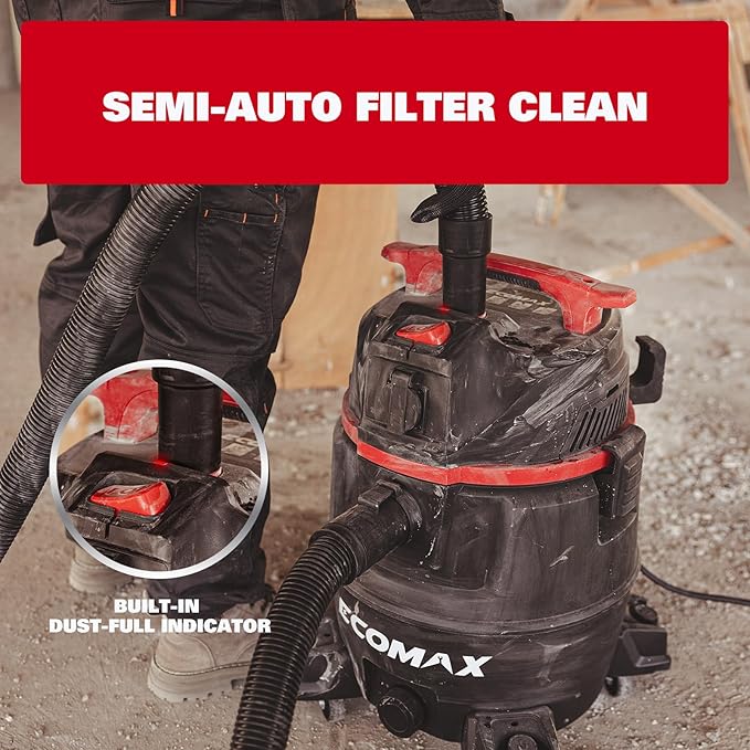 ECOMAX Dust Extractor & Shop Vac 2-in-1, Semi-Automatic Filter Clean, HEPA Filter, 8 Gallon 6.5 HP Wet Dry Vacuum, Anti-Static Hose, Dust-Full Indicator, for Woodworking, Workshop and Garage