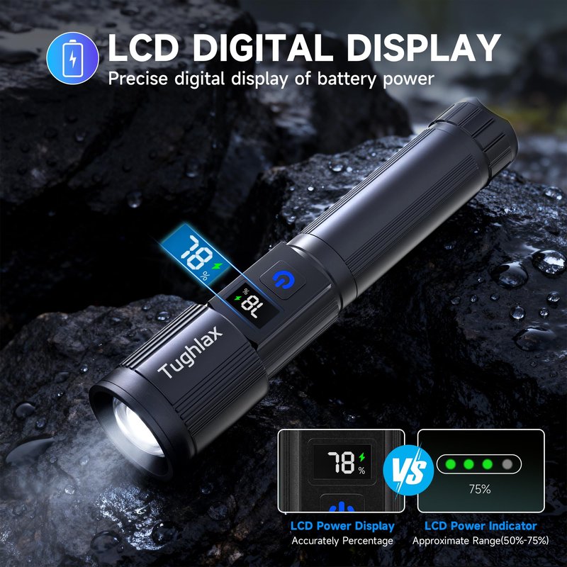 Tughlax 4Pack Rechargeable Flashlights High Lumens 10000LM, Super Bright Flashlight with LCD Digital Display, 5 Modes Adjustable Flash Light, LED Flashlight Powerful, Tactical Flashlights for Home