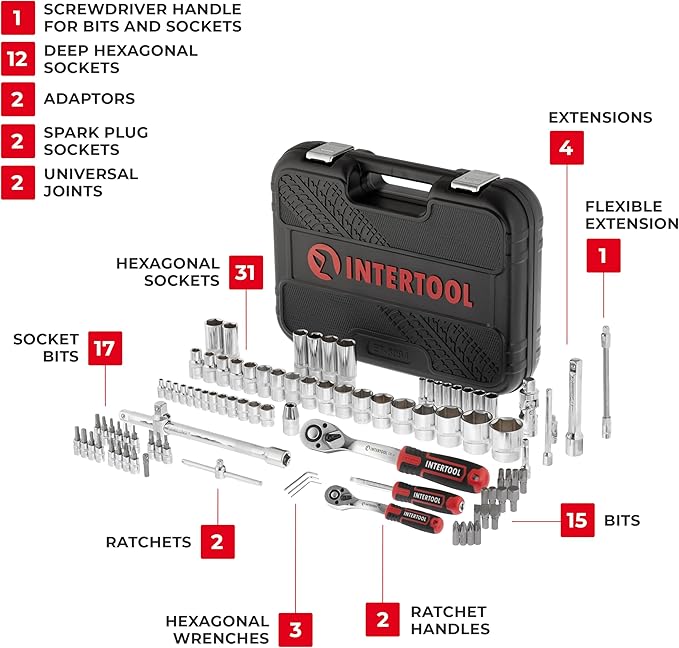 INTERTOOL Metric Socket Set 1/4” & 1/2” Drive 94-Piece 4-27 mm - for Auto Mechanics & DIY - Quick Release Ratchets, Socket Bits, Adapters, Hard Case - Tool Gift - ET08-8094