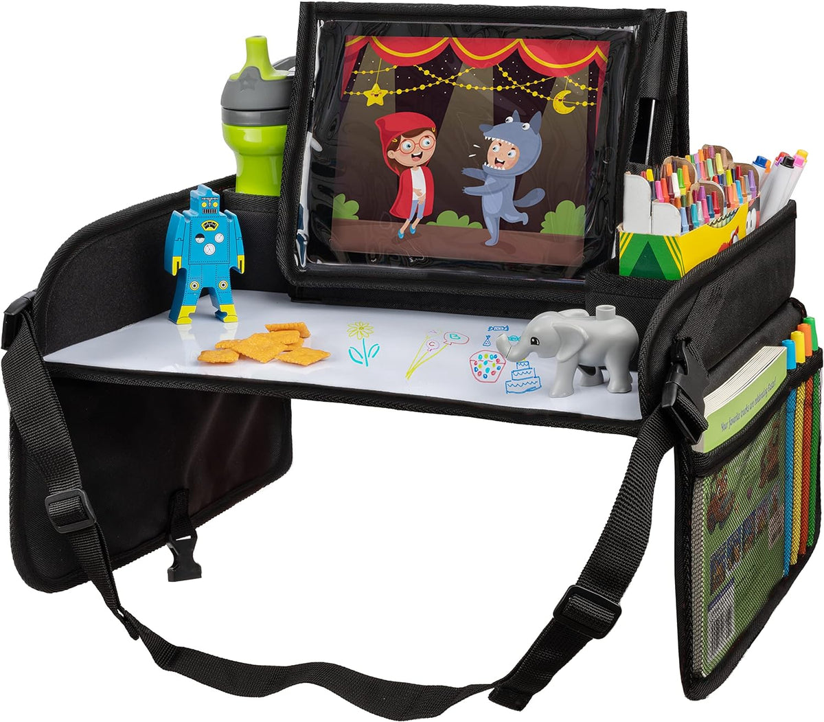 Lusso Gear Car Seat Tray - Dry-Erase Lap Desk for Kids Travel Activities - Snack & Cup Holder for Car Back Seat Organizer - Tablet Stand for Toddler Travel Essentials - Black