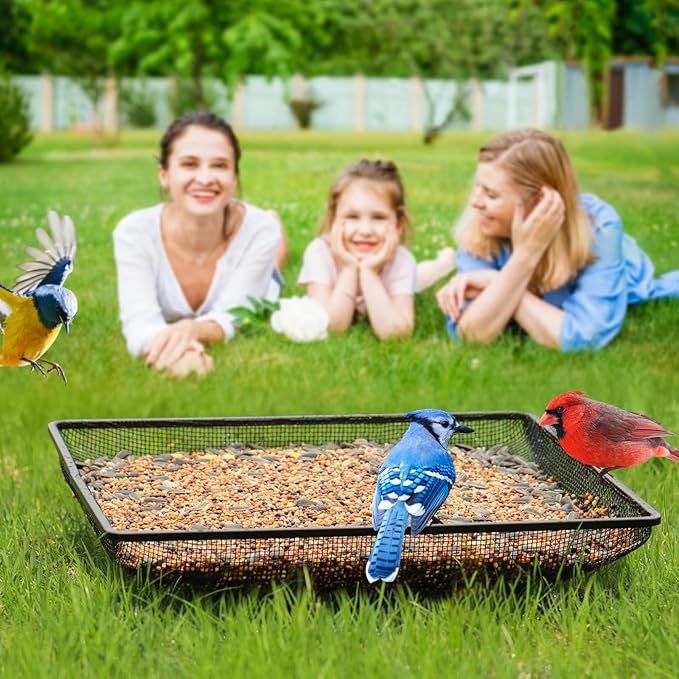 MIXXIDEA Ground Bird Feeder Tray 11x11 Inches, Metal Platform Mesh Seed Tray for Bird Feeders, Great Attracting Garden Yard Decoration for Wild Birds Squirrels Dove,2 Pack