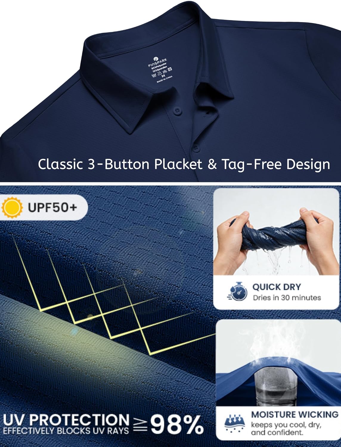 PINSPARK Men's Polo Shirt - Performance Moisture-Wicking Golf Shirt with UPF 50 Protection | Quick-Dry Casual Collared Design