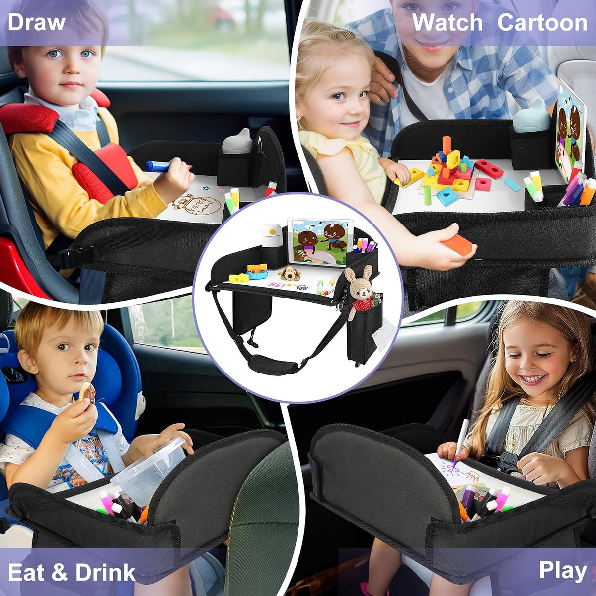 Kids Lap Desk Tray for Road Trip Activities, Portable, Black 2PCS