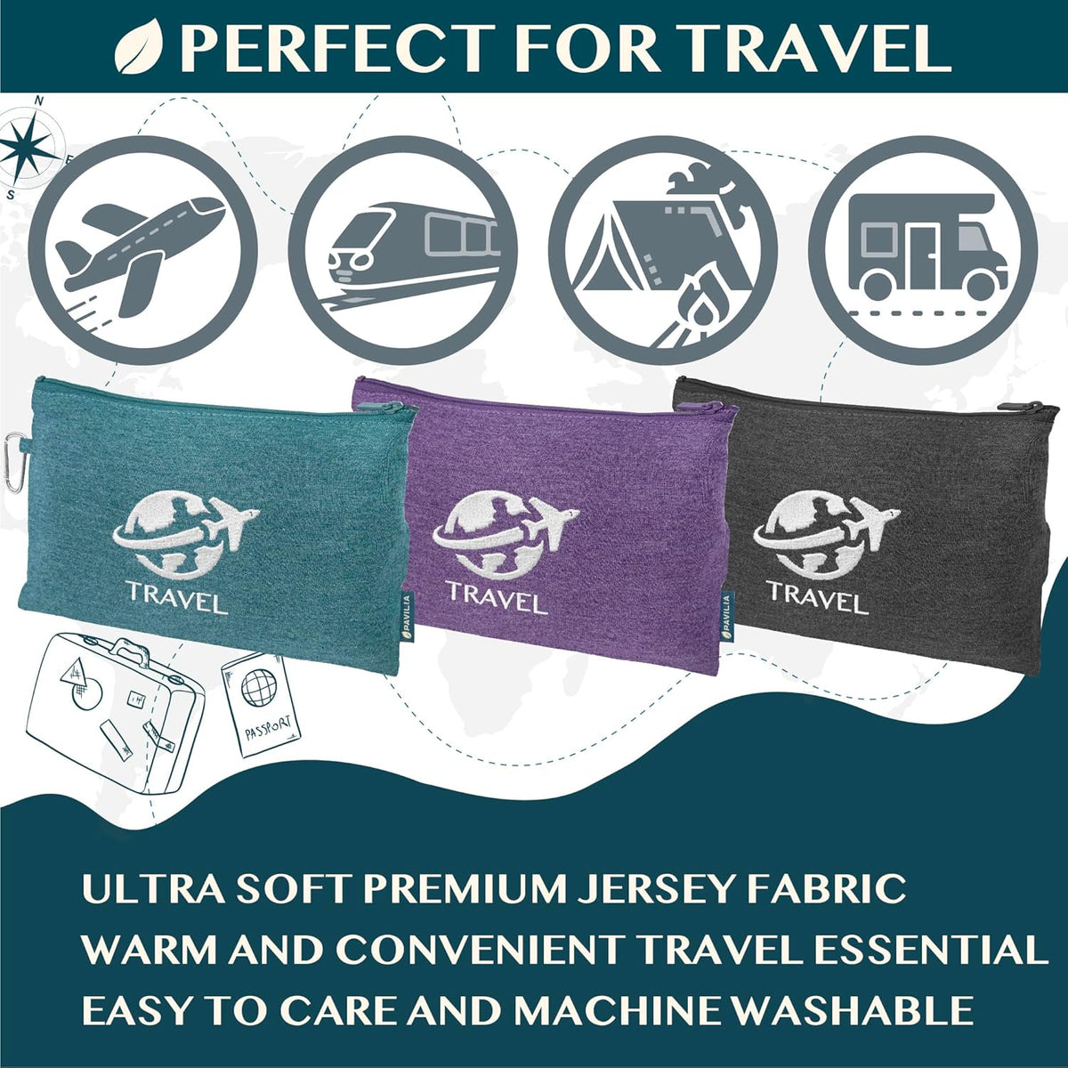 PAVILIA Travel Blanket Compact, Airplane Packable Bag, Soft Fleece Portable Throw Pillow Combo Set, Plane Flight Car Trips Essentials Gift Accessories, Luggage Backpack Clip, Purple, 65 x 40 Inch