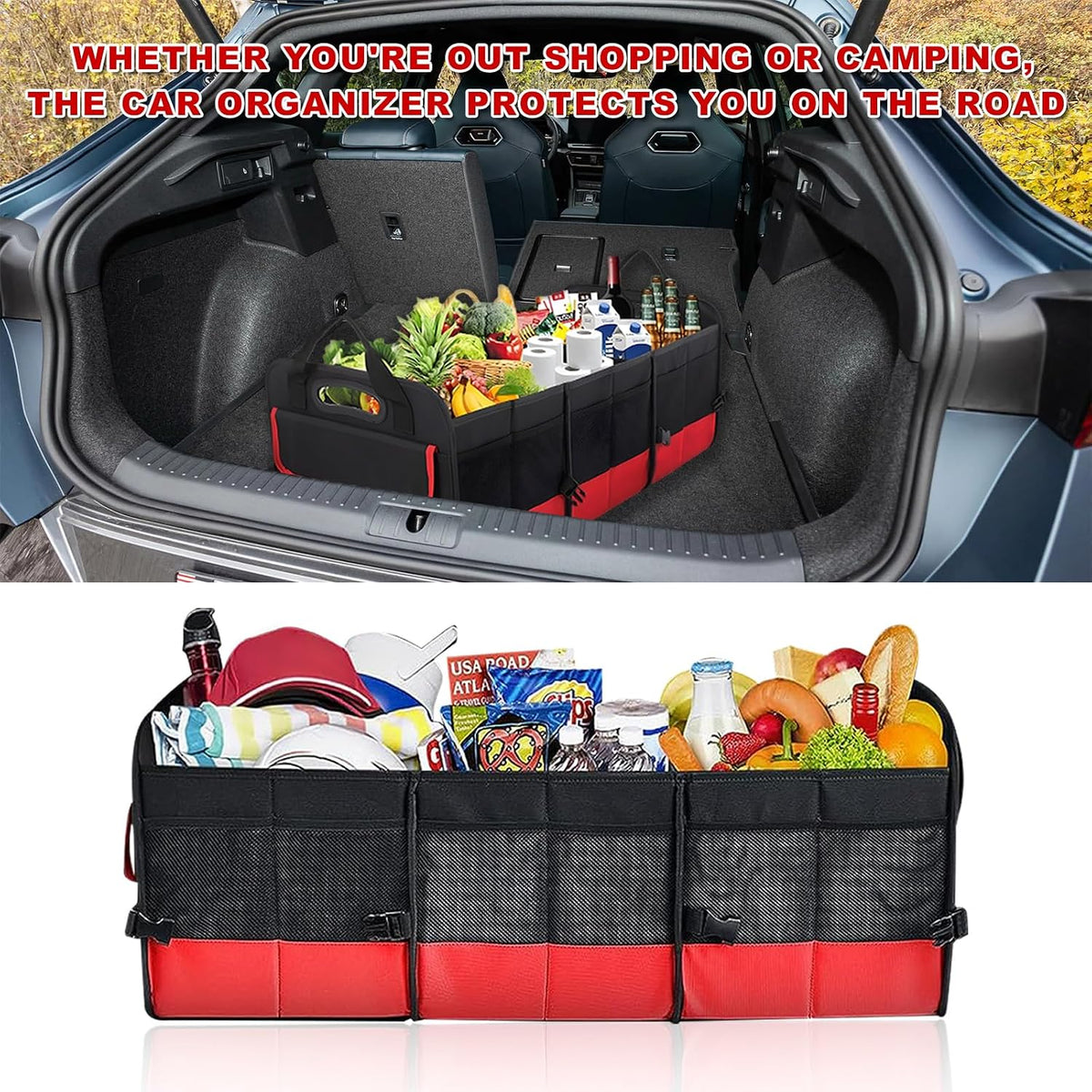 Car Trunk Organizer, Large Capacity Collapsible Cargo Organizer with Adjustable Straps Reinforced Handles, Multi-Compartment Trunk Storage Box for Car Truck SUV Sedan (Black & Red)