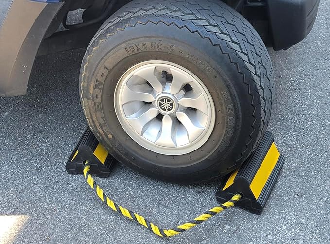Jungle Jim's Heavy Duty Dual Wheel Chocks with Ropes - 7.8 Inches, Oil-Resistant Rubber, Reflective Stripes, Anti-Slip Grip, for Trucks, Trailers, RVs, Driveways, Garages – 1 Pack