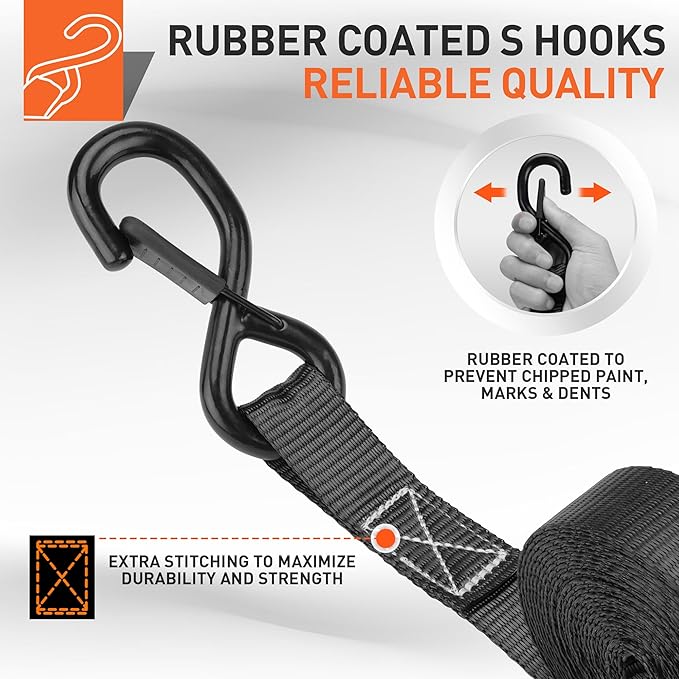 HORUSDY Ratchet Straps Heavy Duty, Tie Down Straps Ratchet Set, 2200 LB Break Strength, Safety Lock S Hooks, Best for Moving, Securing Cargo, Kayaks, Mountain (4 Pack，Black)