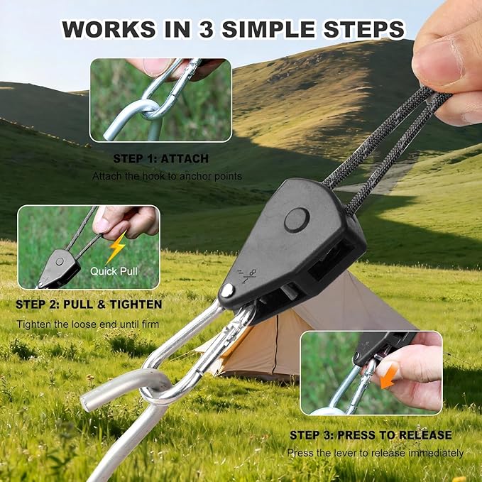 Longer 13ft Ratchet Strap Rope Tie Down Rope Rollers 6 Pack Paracord Tarps Tie Downs Small Cam Jam Retractable Paracord Ropes Tightener for Tent Canopy Use 1/8 inch