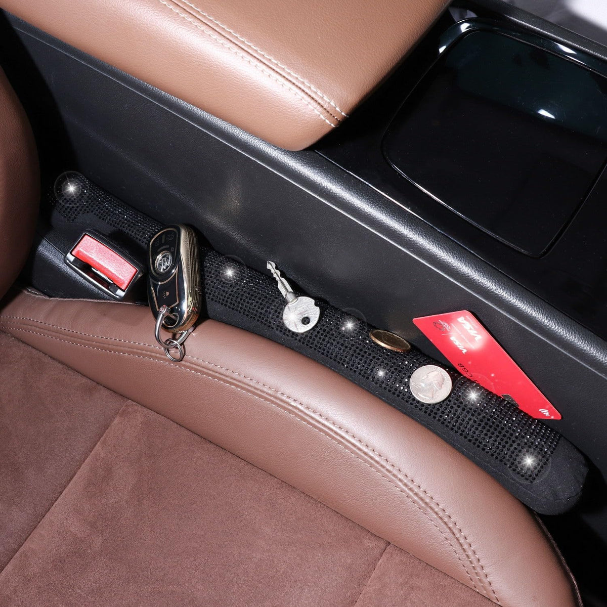 ToBeQueen Car Seat Gap Filler Black, Bling Car Accessories for Women Universal Fit for Car Truck SUV, 2 Pack Handmade Crystal Rhinestone Diamond Seat Gap Blocker Stop Things from Dropping(Black)