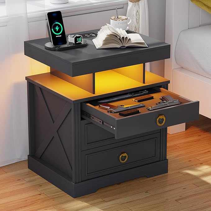 HNEBC Night Stand Set 2 with Gun Drawers, LED Farmhouse Nightstand with Charging Station, Smart End Table with 3 Colors Auto Lights, Bedside tabel with Hidden Compartment,Bedroom Set-Black