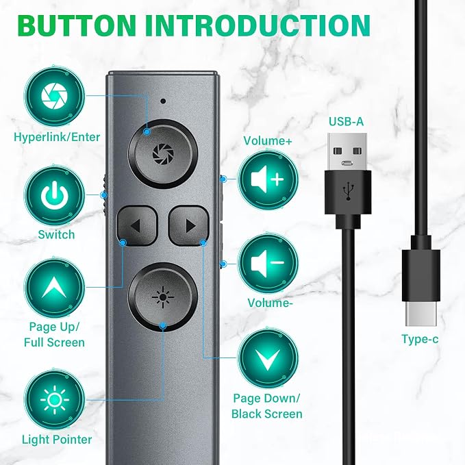 2 in 1 USB Type C Presentation Clicker, Rechargeable Presentation Clicker