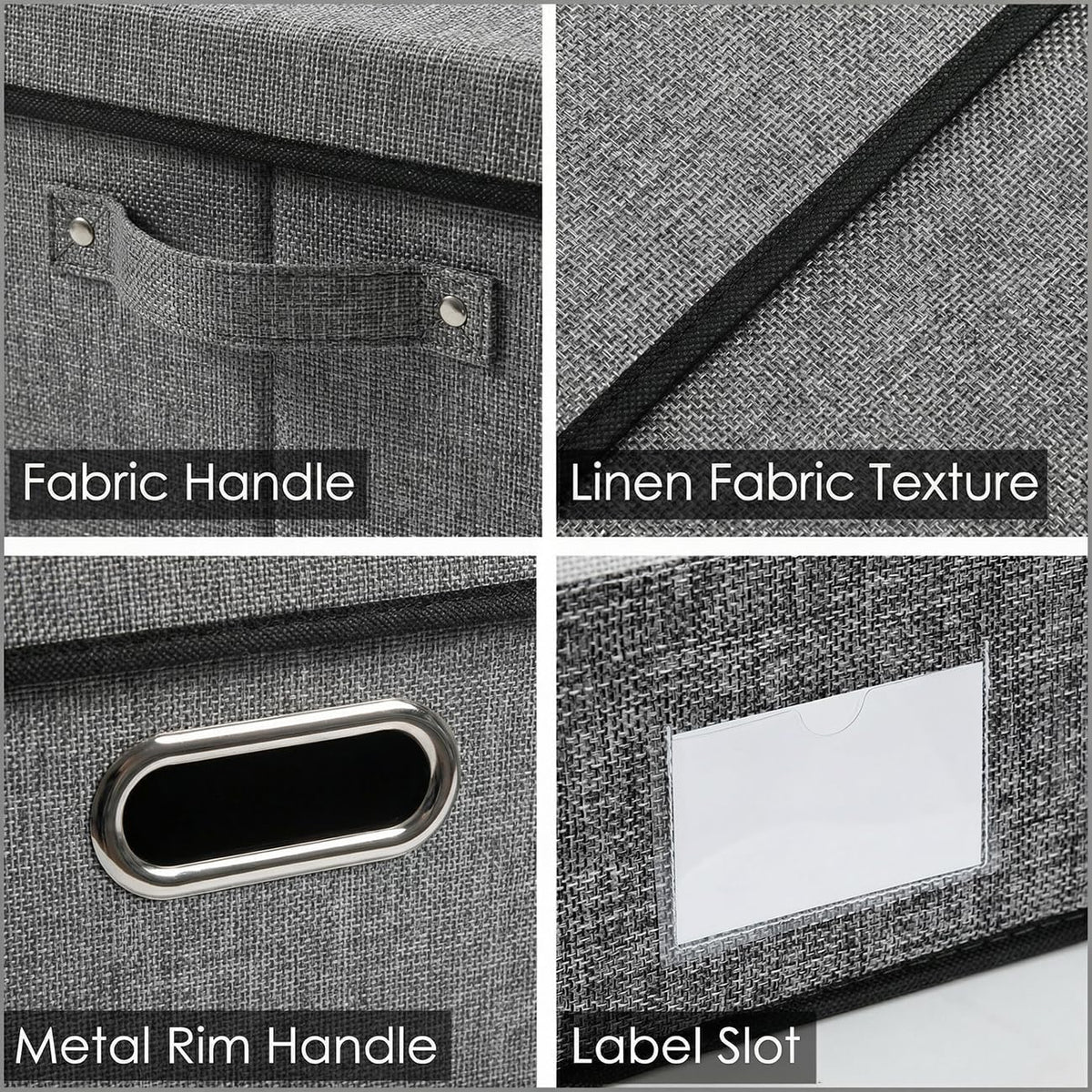 PRANDOM Storage Bins with Lids [3-Pack] Linen Fabric Foldable Storage Boxes Organizer Containers Baskets Cube with Cover for Bedroom Closet Office Grey(23.4X15.9X11.4)