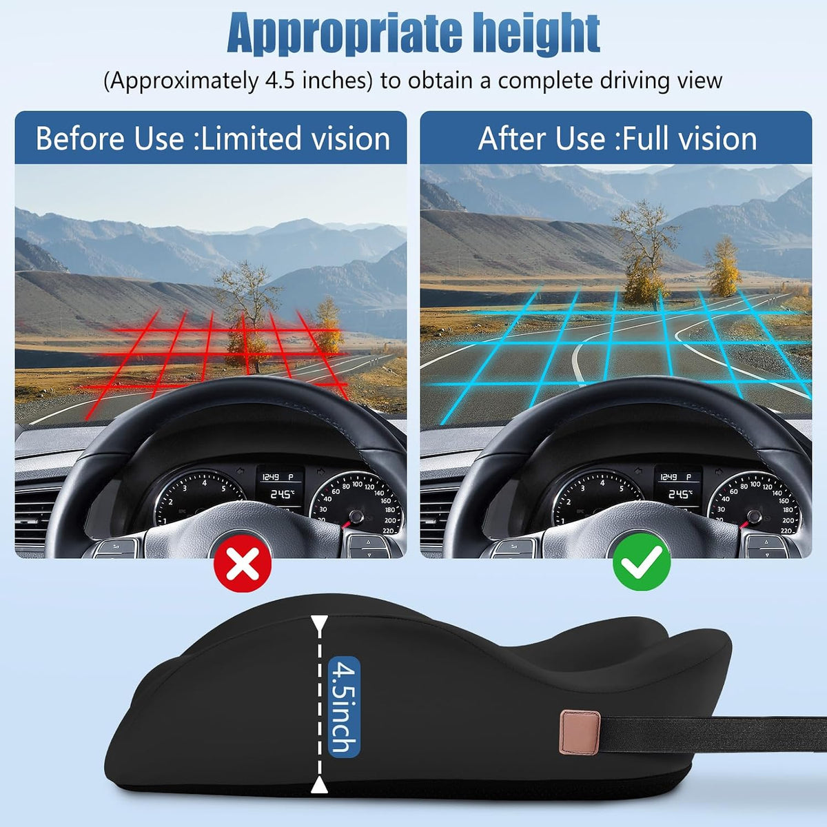 Car Seat Cushion for Truck and Car Drivers - Prevents Bedsores & Relieves Long-Drive Pain, Therapeutic Support for Sciatica, Hemorrhoids, Tailbone and Prostate, Enhanced View with Anti-Slip Base