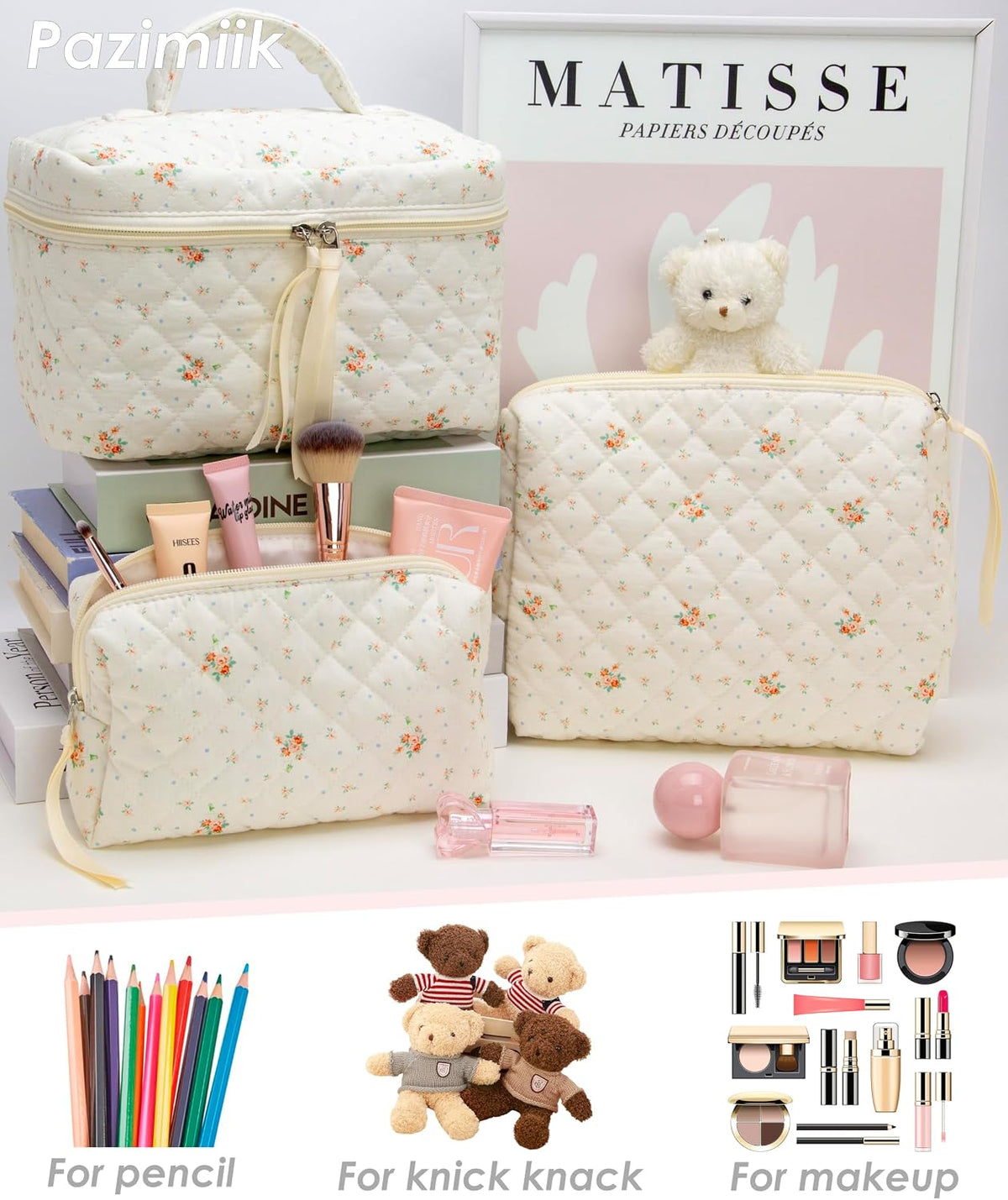 3 Piece Quilted Makeup Bag Set for Women,Cosmetic&Toiletry Bag,Floral White