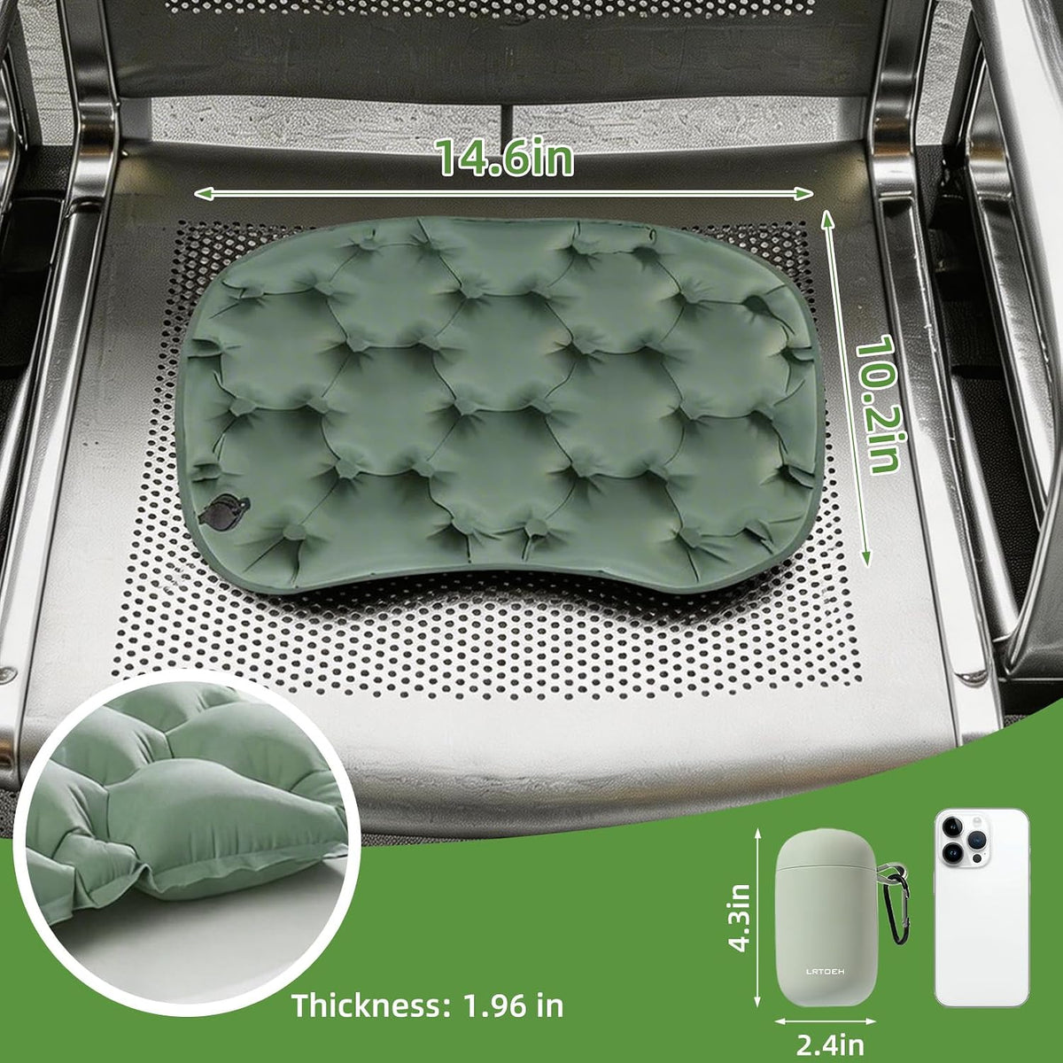 Inflatable Seat Cushion with Pump, Portable Air Seat Pad | Lightweight waterproof material, airplane stadium camping hiking office car, pressure relief comfort, travel chair pad