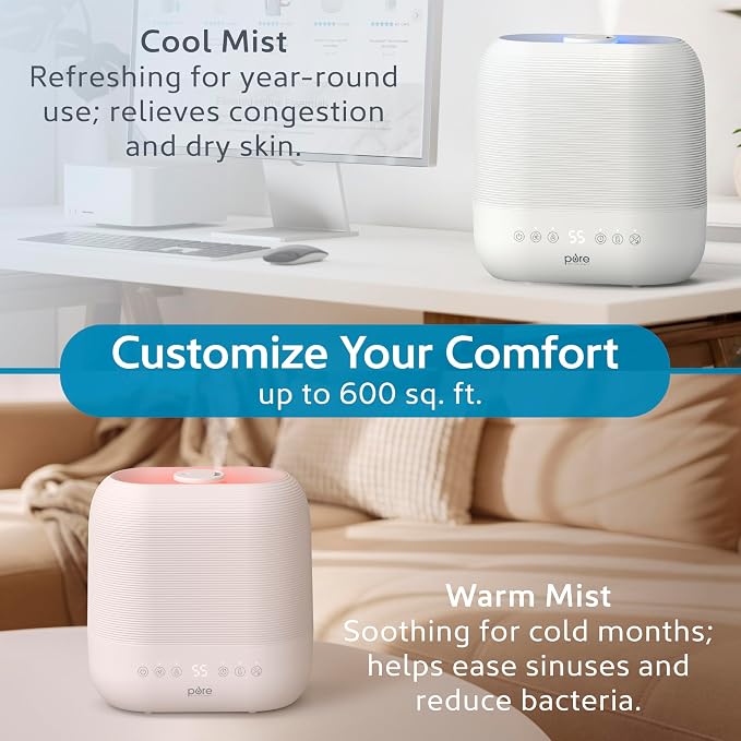 Pure Enrichment HUME Sense Warm & Cool Mist Top-Fill Humidifier, 2-Gal Tank, Up to 4.5 Days, Auto Humidity Sensor, 3 Mist Levels, Night Light, Aromatherapy, Sleep Mode & Auto Shut-Off