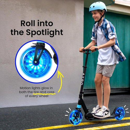 AERO MOBILITY Kick Scooter for Kids & Adults - Light Up Wheels, Hand Brake, Shock Absorption | Foldable & Adjustable Height