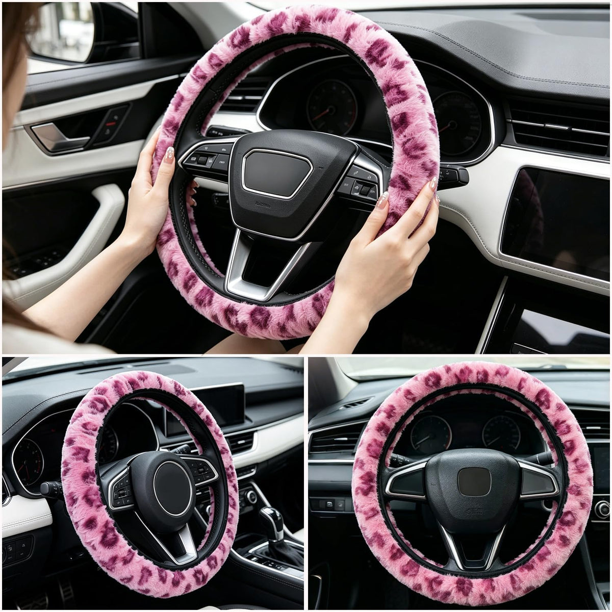 Pink Leopard Steering Wheel Cover with Fluffy Keychain Fit 14"-15"