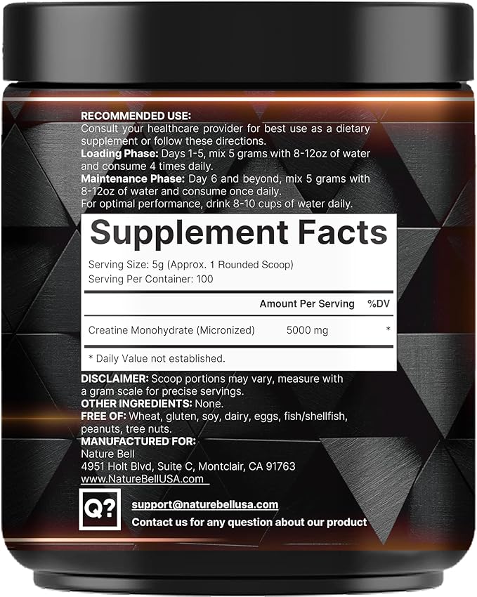 NatureBell Instant Creatine Monohydrate Powder 500 Grams, 5000mg Per Serving, Unflavored Micronized Creatine Powder - Pre Workout | Keto | Vegan | Dissolves Easy | Filler Free - 100 Servings (1.1Lb)