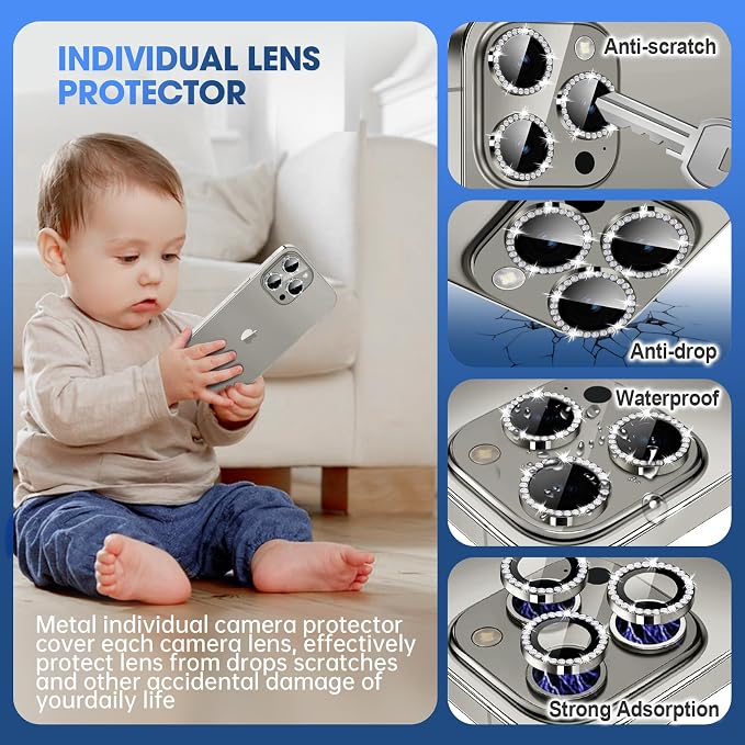 for iPhone 15 Pro/iPhone 15 Pro Max Camera Lens Protector Bling Individual