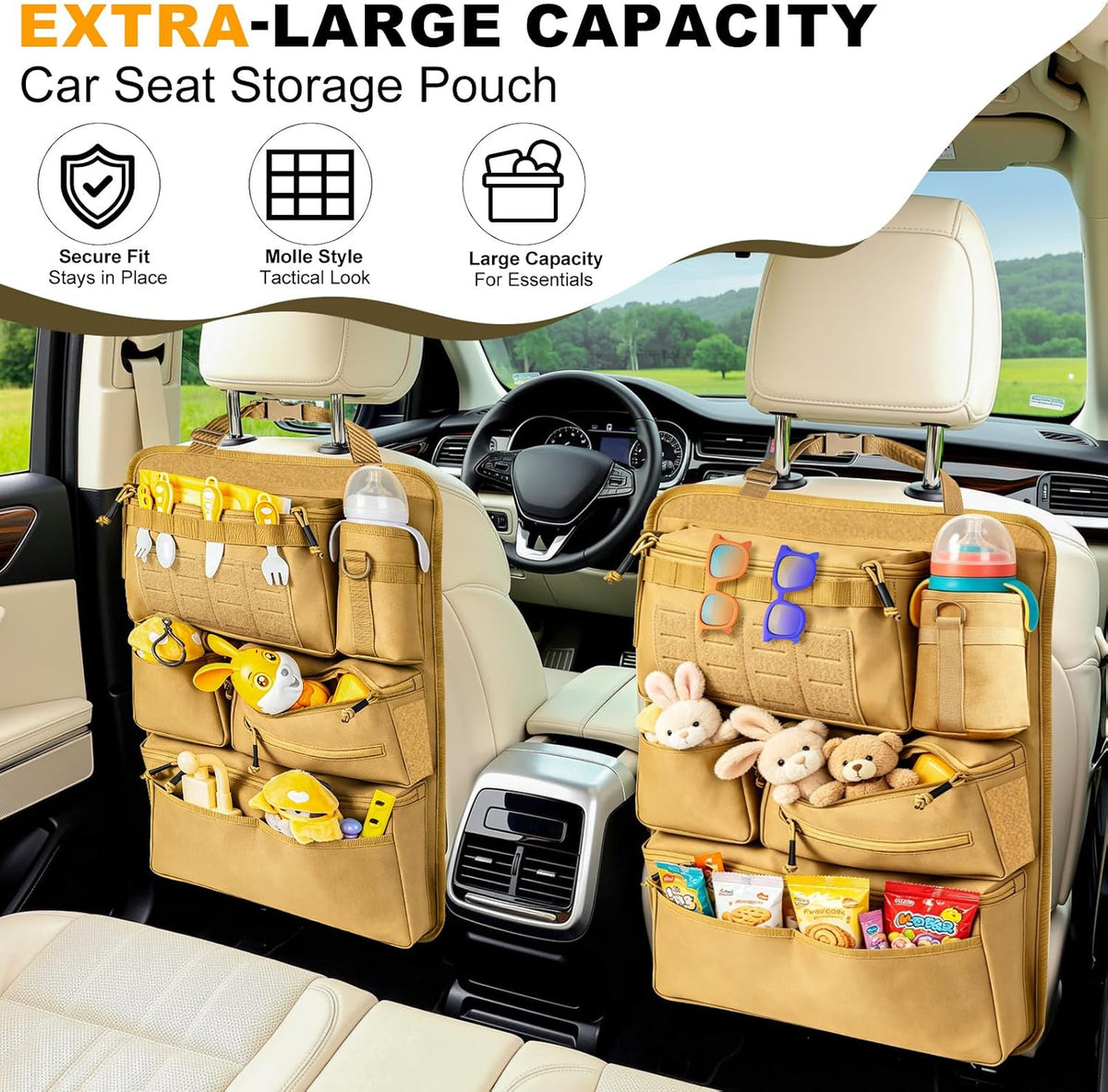 Universal Car Seat Back Organizer with 7 Storage Pockets, Khaki
