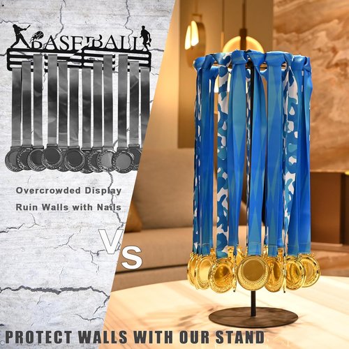 Medal Hanger Display - Rotating Wall-Safe Tabletop Stand Holds 45+ Race Medals | Heavy-Duty Metal Base for Easy Assembly