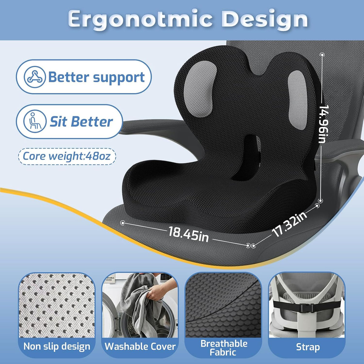 Ergonomic Seat Cushion with Lumbar Support Pillow for Office and Car