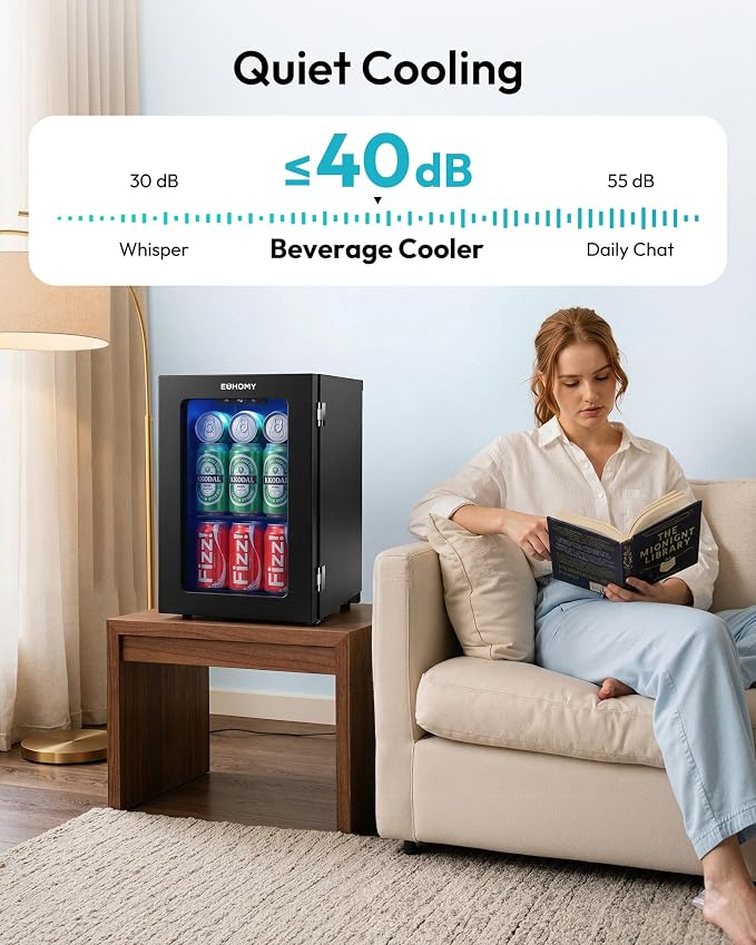 EUHOMY 18L Beverage Refrigerator Cooler, 24 Cans Mini Fridge with Quiet Compressor, Countertop Small Fridge with 40°F-61°F Digital Temperature Control, LED Lgiht for Home, Bar, Office