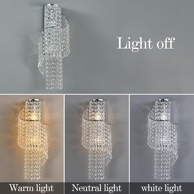 K9 Crystal Chrome Wall Sconces, Adjustable 3-Color LED Wall Light, FixtureVanity Wall Mount Lamps for Living Room Bedroom Bathroom Bedside Hallway Stairway