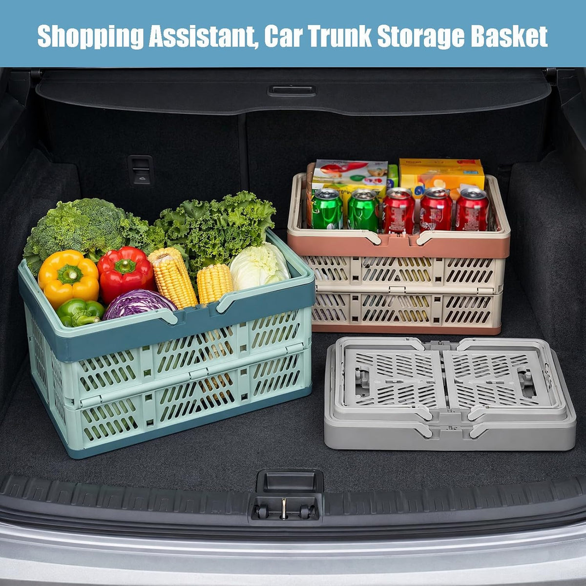 Collapsible Storage Crate with Handles, Milk Crates，33L Foldable Plastic Shopping Basket, Organizer Container for Car Home Pinic (Light pink, Large)