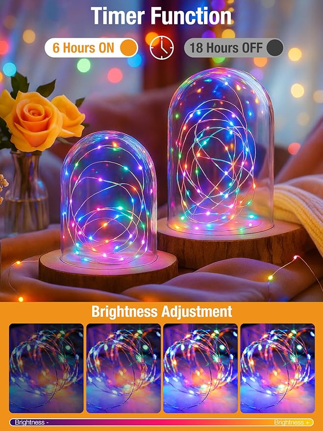 btfarm 2 Pack Fairy Lights Battery Operated with Timer, 16.4 FT 50 LED Silver Wire Twinkle String Lights 8 Modes Dimmable Waterproof for Indoor Christmas Bedroom Wedding Decorations, Multicolor