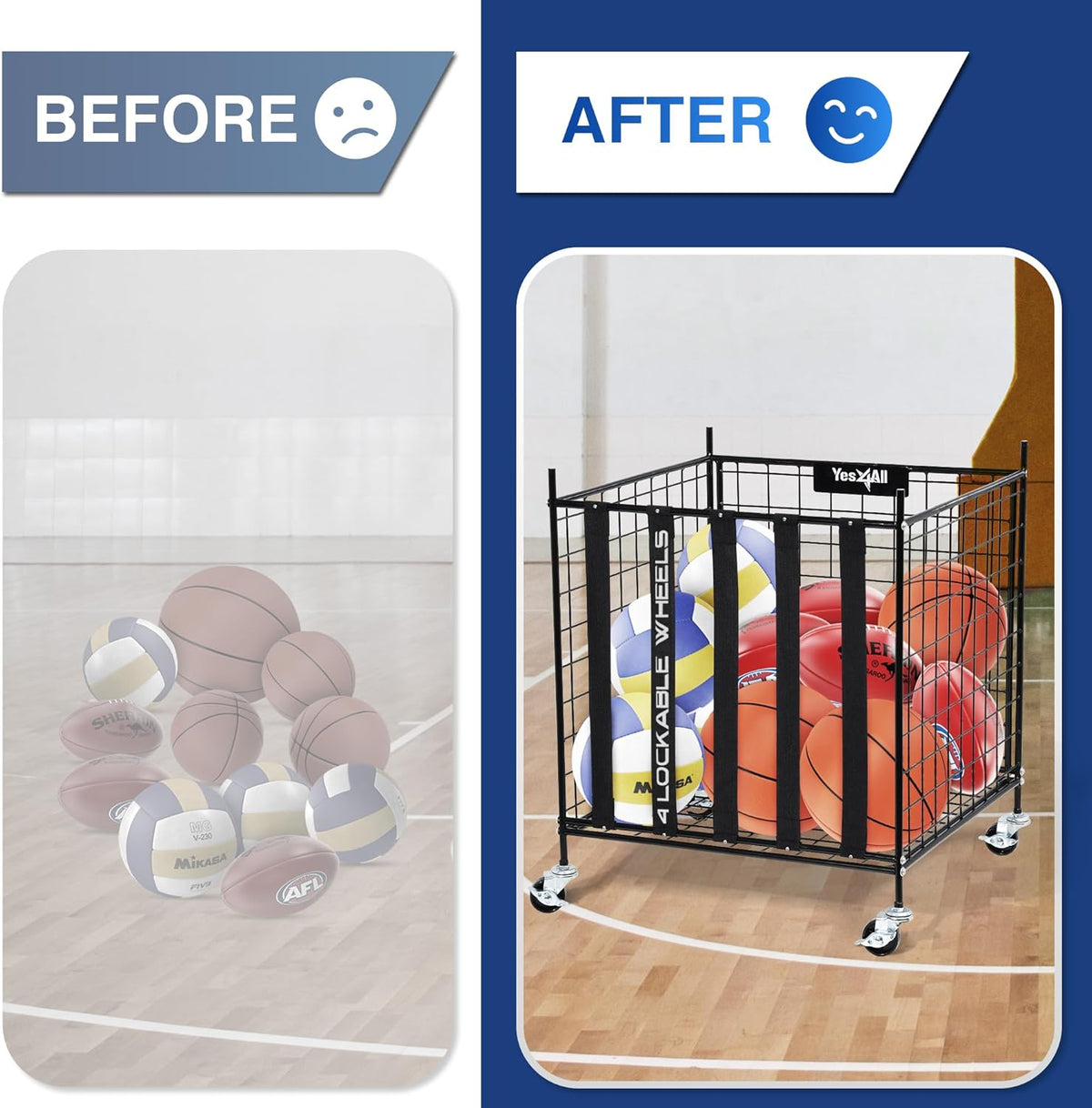 YES4ALL Rolling Ball Cart - Lockable Wheels Sports Equipment Organizer | Volleyball & Basketball Holder, Garage Storage Bin