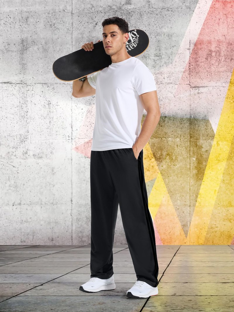 Tallemon Men's 34" Long Inseam Track Pants Warm-up Sweatpants Open Hem Tracksuit Bottoms for Lounge Travel, Black/Black, M