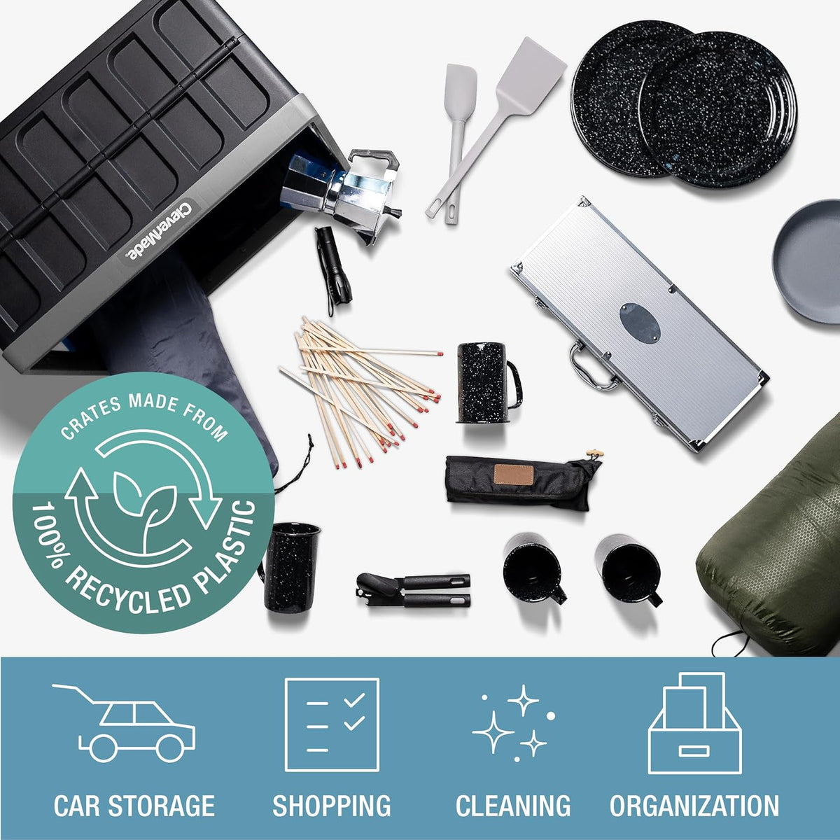CleverMade Collapsible Plastic Storage Bins with Lids, 46L 3 Pack, Stone | Integrated grips simplify carrying through garages, closets and trunks, with a stack-ready shape that keeps supplies orderly